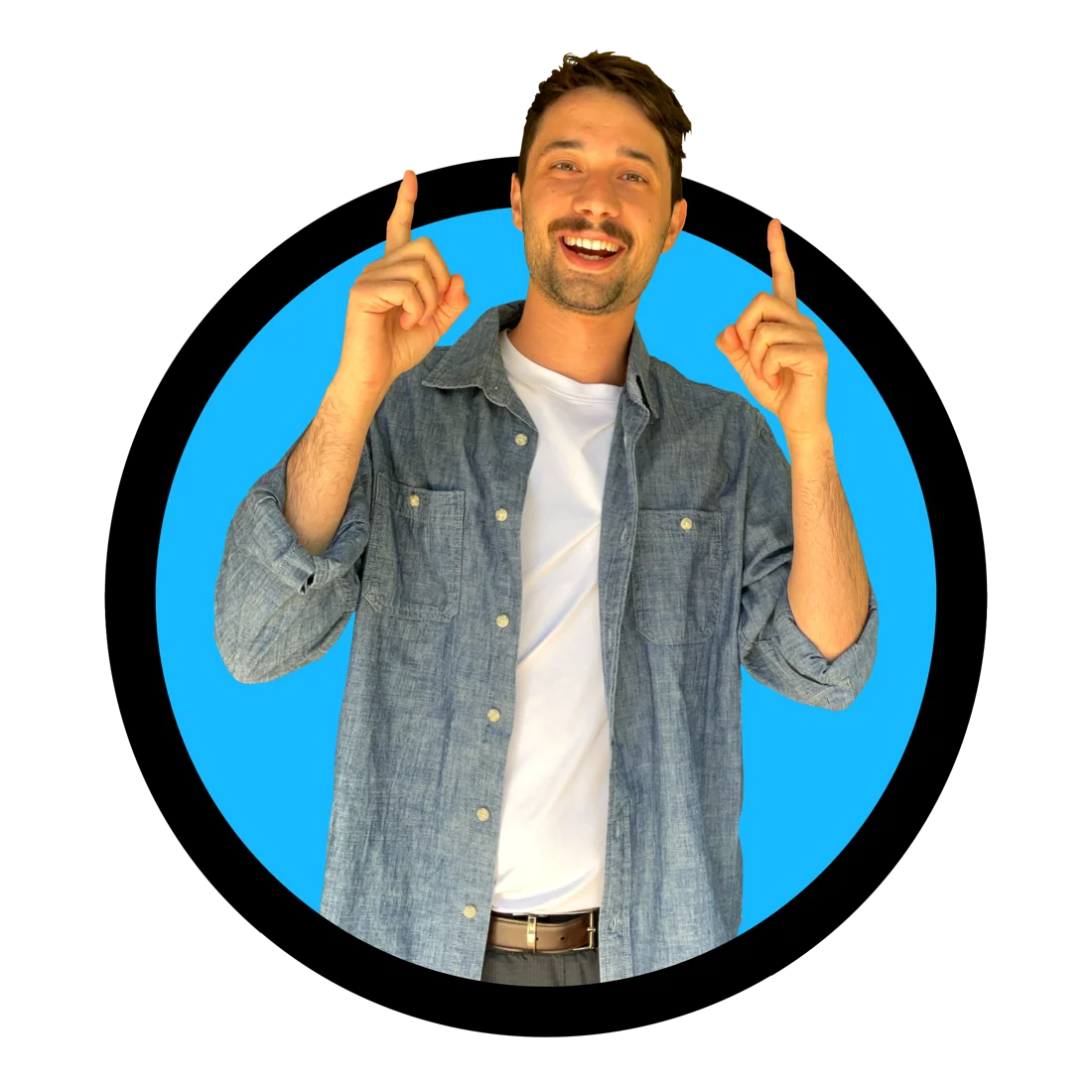 Morgan Samson pointing up with both hands, inside the Marketing With Morgan blue circle