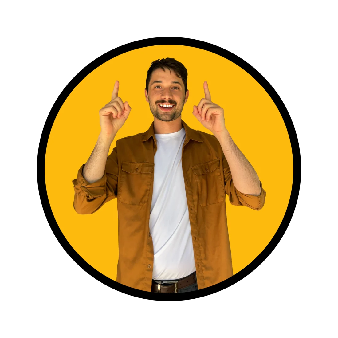 Morgan Samson pointing up, inside the Marketing With Morgan yellow circle