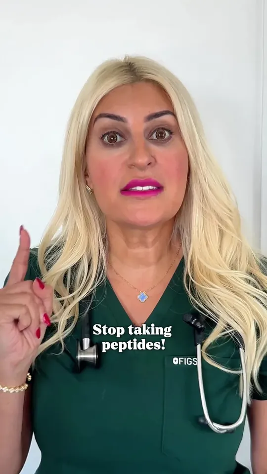 A doctor in green scrubs, captioned Stop taking peptides