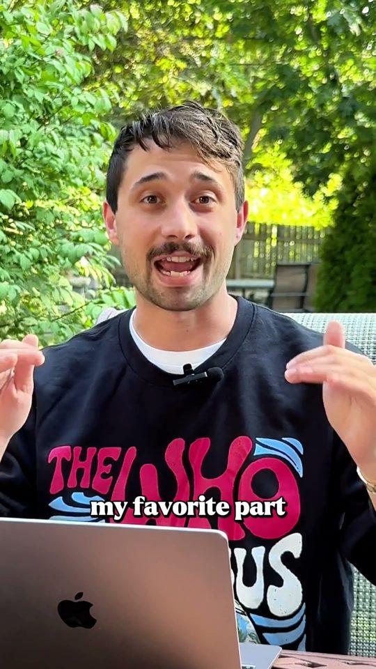 Morgan talking to camera at a laptop outdoors, captioned my favorite part